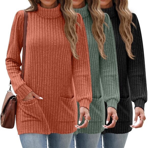 Women's Knit Turtleneck Sweaters 3 Pack Ribbed Long Sleeve Casual Tunic - Picture 1 of 6
